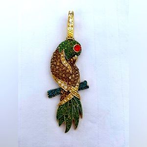 Vintage enamel and pavé rhinestone parrot / bird  necklace pendant